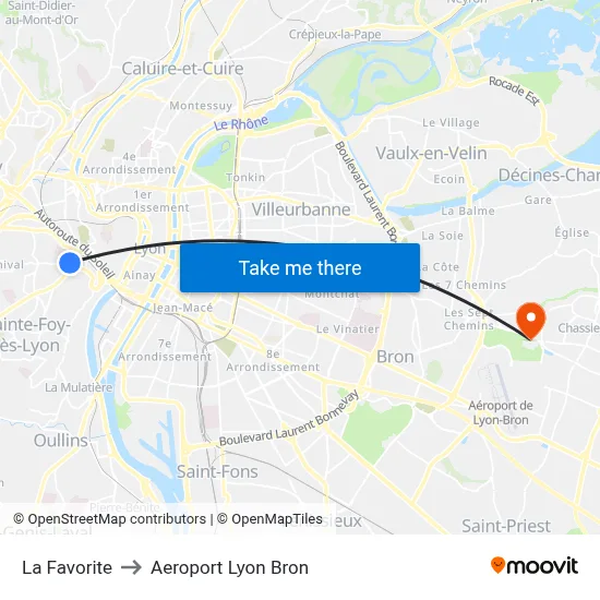 La Favorite to Aeroport Lyon Bron map