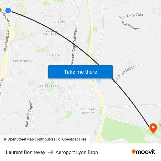 Laurent Bonnevay to Aeroport Lyon Bron map