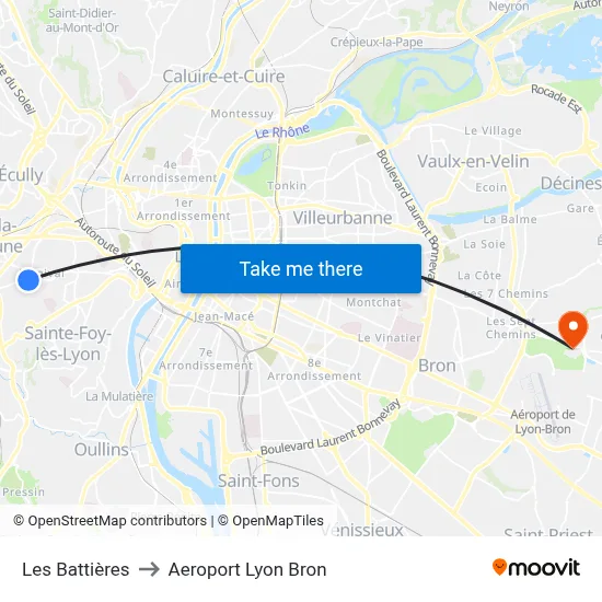 Les Battières to Aeroport Lyon Bron map