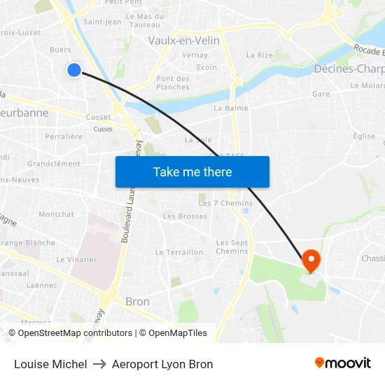 Louise Michel to Aeroport Lyon Bron map
