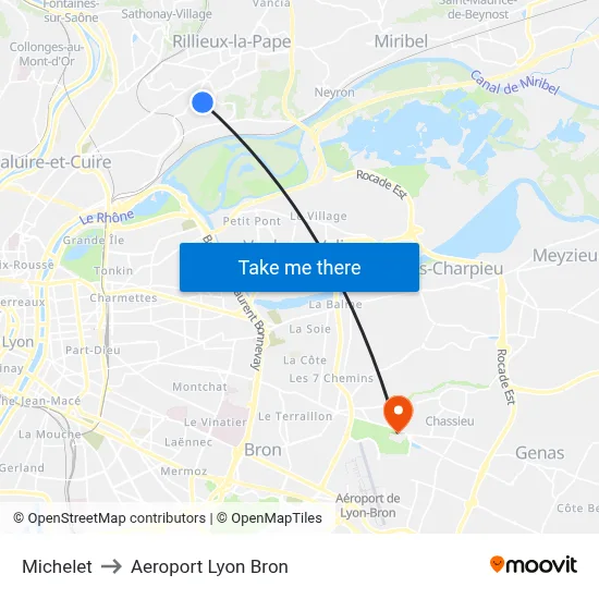 Michelet to Aeroport Lyon Bron map