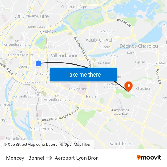 Moncey - Bonnel to Aeroport Lyon Bron map