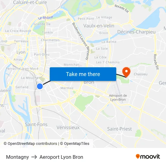 Montagny to Aeroport Lyon Bron map