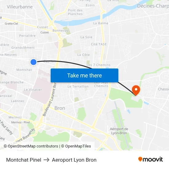 Montchat Pinel to Aeroport Lyon Bron map