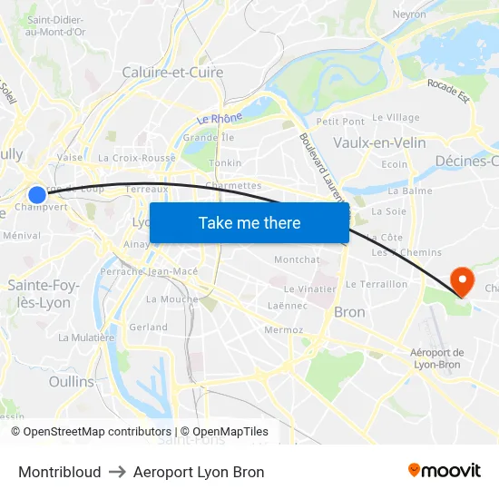 Montribloud to Aeroport Lyon Bron map