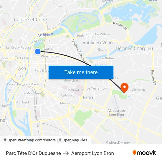 Parc Tête D'Or Duquesne to Aeroport Lyon Bron map