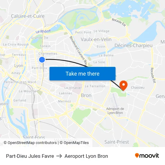 Part-Dieu Jules Favre to Aeroport Lyon Bron map
