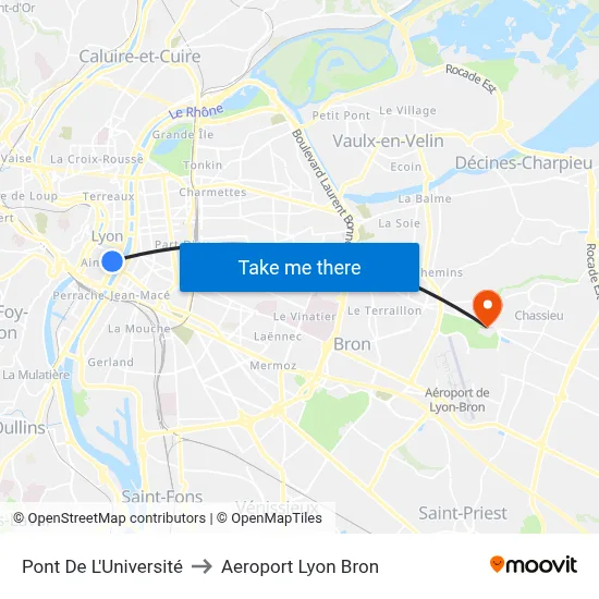 Pont De L'Université to Aeroport Lyon Bron map