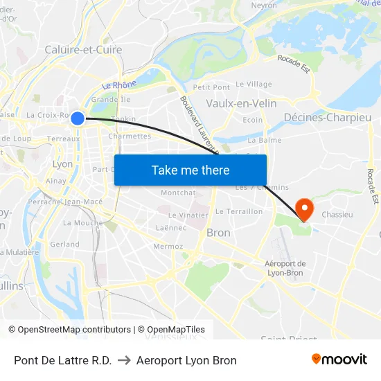 Pont De Lattre R.D. to Aeroport Lyon Bron map