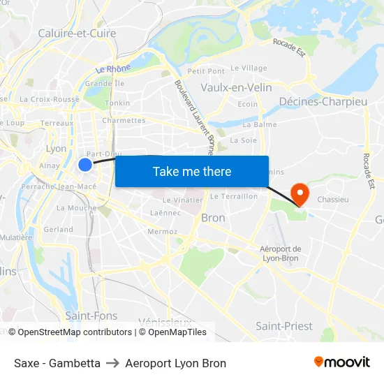 Saxe - Gambetta to Aeroport Lyon Bron map