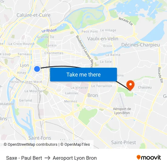 Saxe - Paul Bert to Aeroport Lyon Bron map