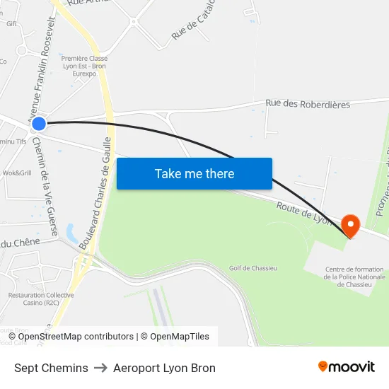 Sept Chemins to Aeroport Lyon Bron map