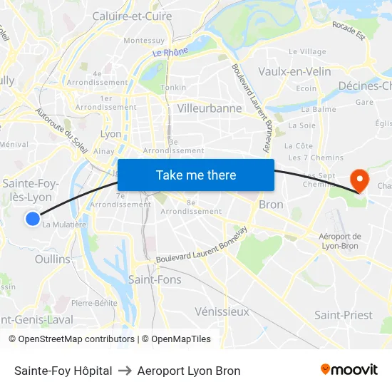 Sainte-Foy Hôpital to Aeroport Lyon Bron map