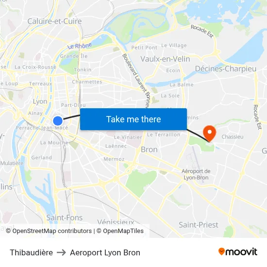 Thibaudière to Aeroport Lyon Bron map
