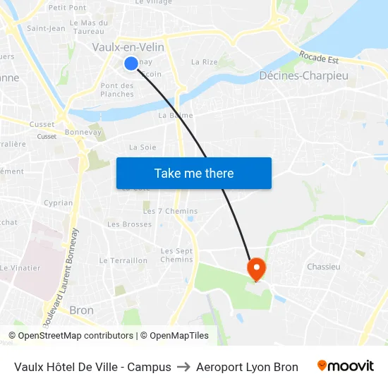 Vaulx Hôtel De Ville - Campus to Aeroport Lyon Bron map