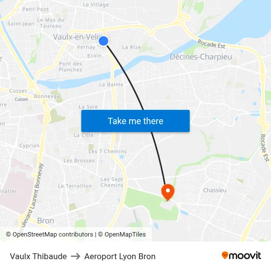 Vaulx Thibaude to Aeroport Lyon Bron map