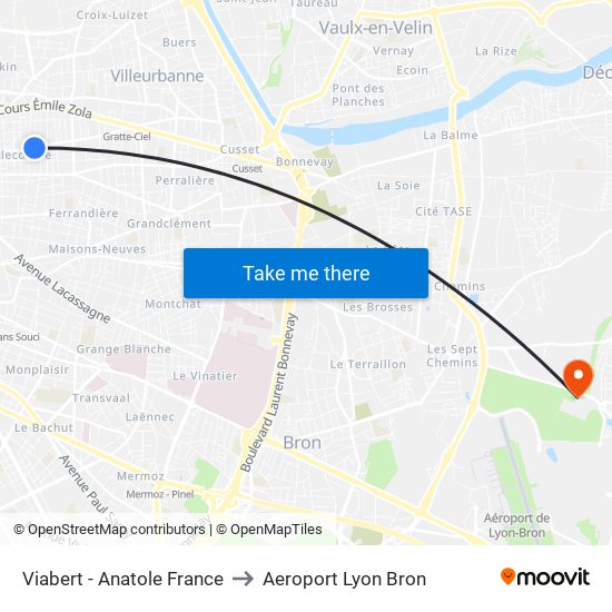Viabert - Anatole France to Aeroport Lyon Bron map