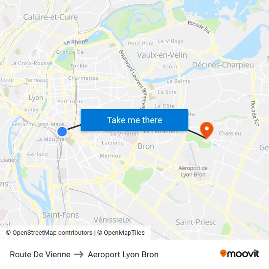 Route De Vienne to Aeroport Lyon Bron map