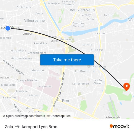 Zola to Aeroport Lyon Bron map