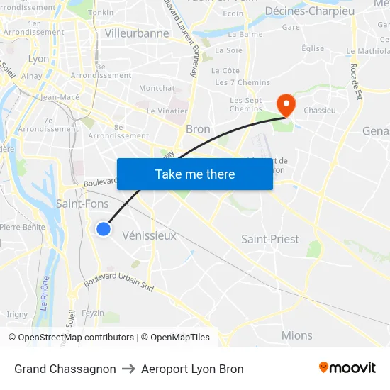 Grand Chassagnon to Aeroport Lyon Bron map