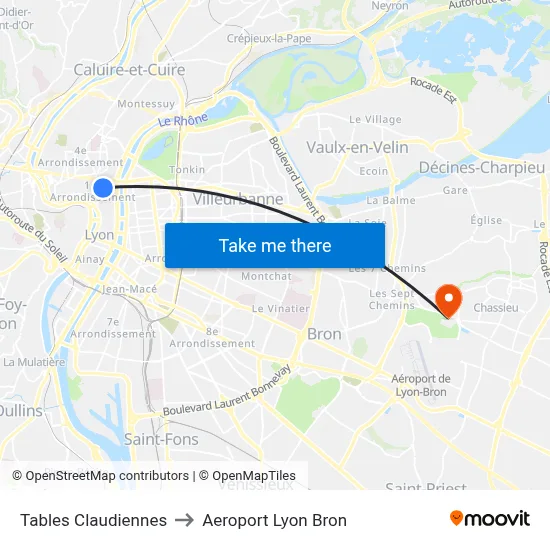 Tables Claudiennes to Aeroport Lyon Bron map