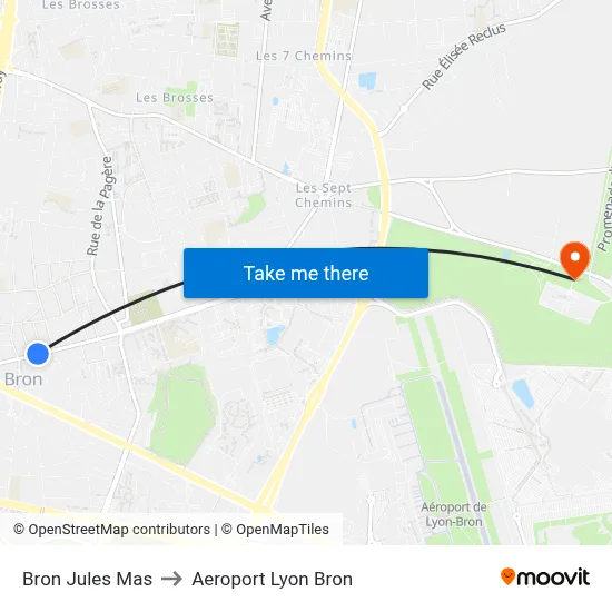 Bron Jules Mas to Aeroport Lyon Bron map