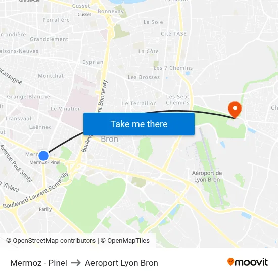 Mermoz - Pinel to Aeroport Lyon Bron map