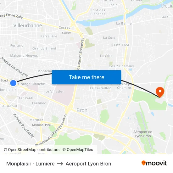 Monplaisir - Lumière to Aeroport Lyon Bron map