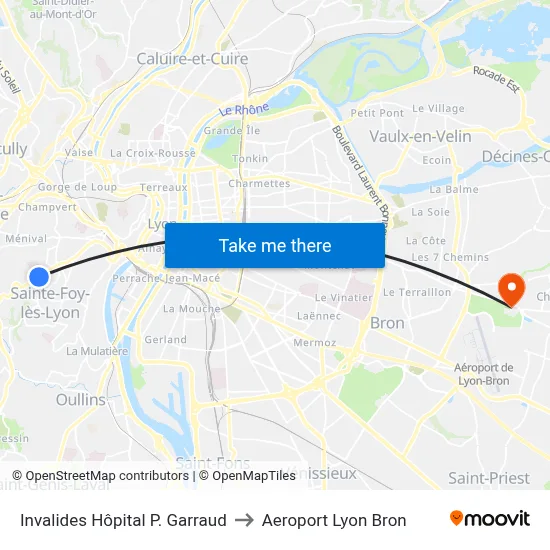 Invalides Hôpital P. Garraud to Aeroport Lyon Bron map