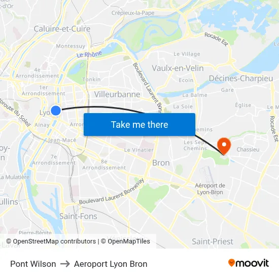 Pont Wilson to Aeroport Lyon Bron map