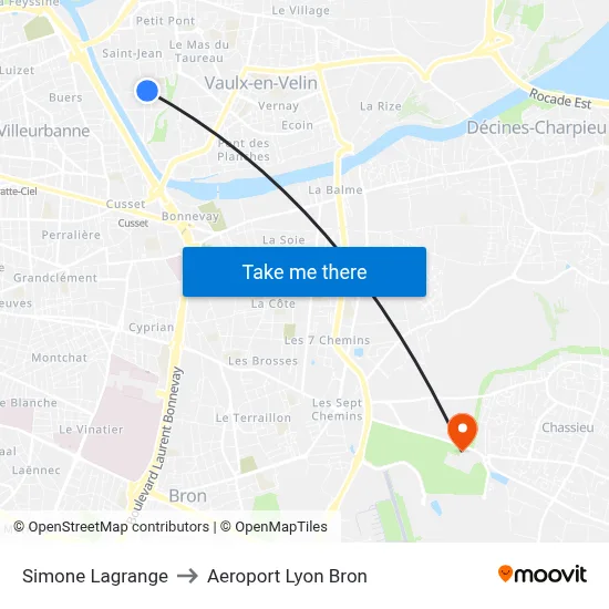 Simone Lagrange to Aeroport Lyon Bron map