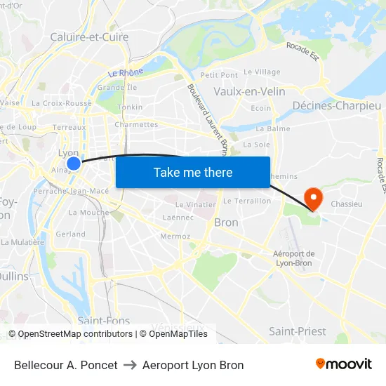 Bellecour A. Poncet to Aeroport Lyon Bron map
