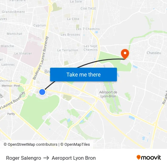 Roger Salengro to Aeroport Lyon Bron map