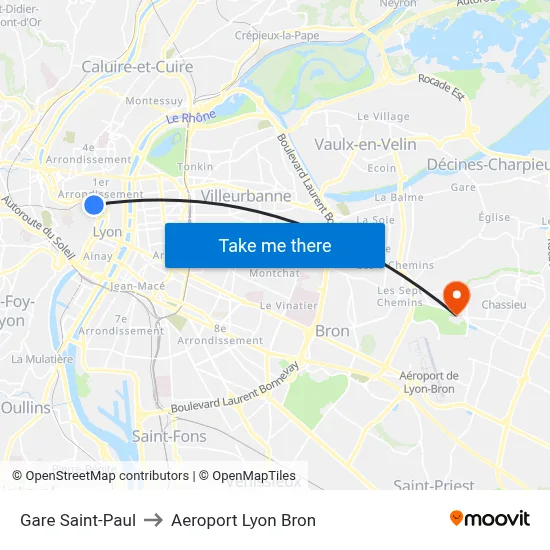 Gare Saint-Paul to Aeroport Lyon Bron map