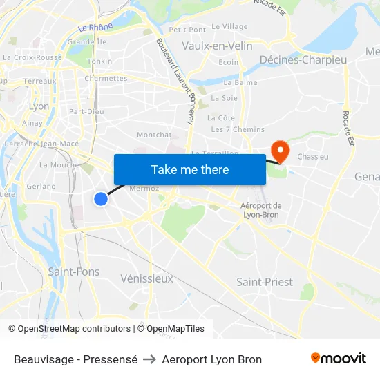Beauvisage - Pressensé to Aeroport Lyon Bron map