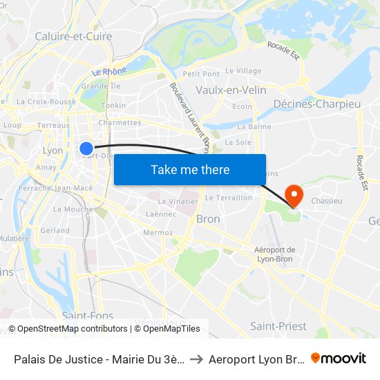 Palais De Justice - Mairie Du 3ème to Aeroport Lyon Bron map