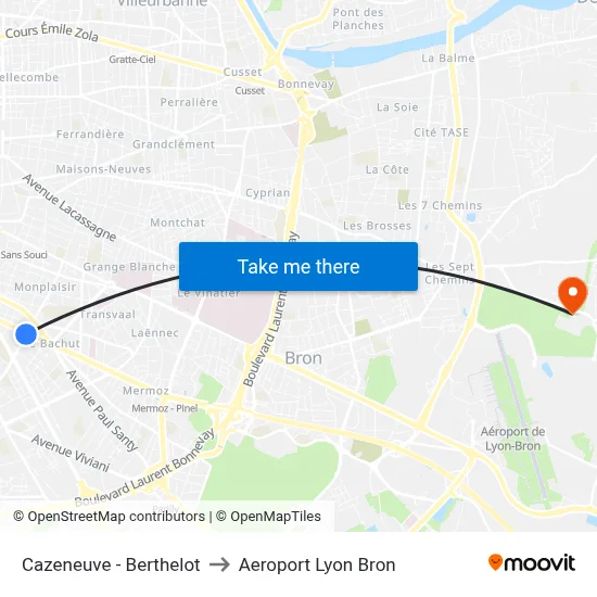 Cazeneuve - Berthelot to Aeroport Lyon Bron map