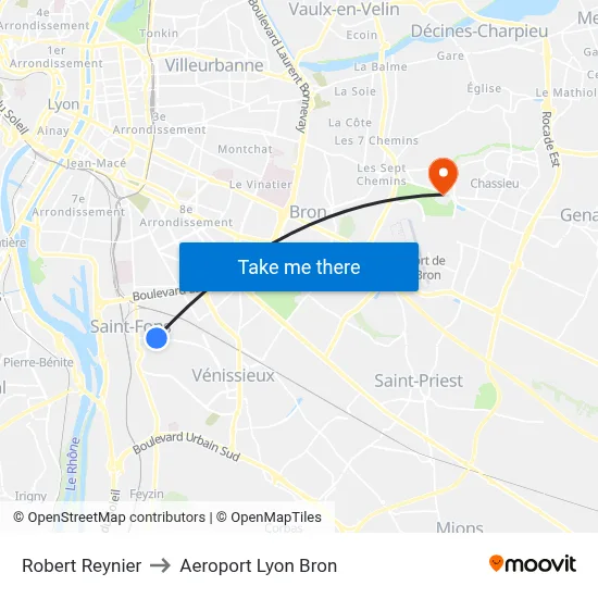 Robert Reynier to Aeroport Lyon Bron map