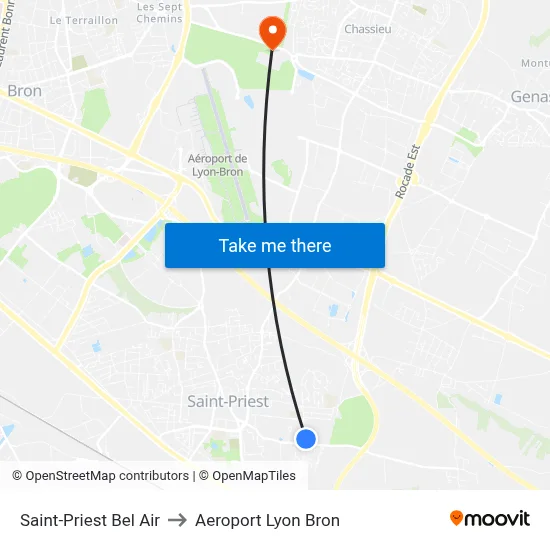 Saint-Priest Bel Air to Aeroport Lyon Bron map