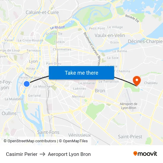 Casimir Perier to Aeroport Lyon Bron map