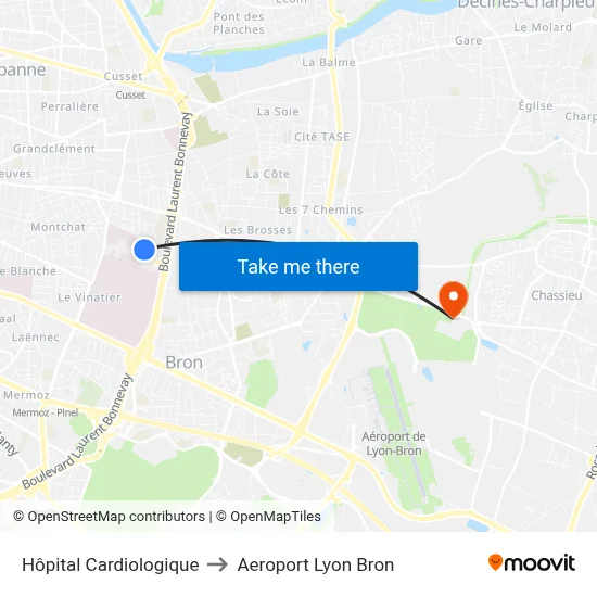 Hôpital Cardiologique to Aeroport Lyon Bron map
