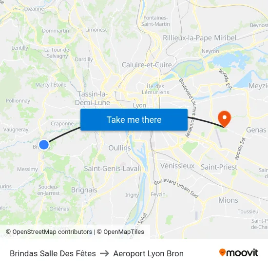Brindas Salle Des Fêtes to Aeroport Lyon Bron map