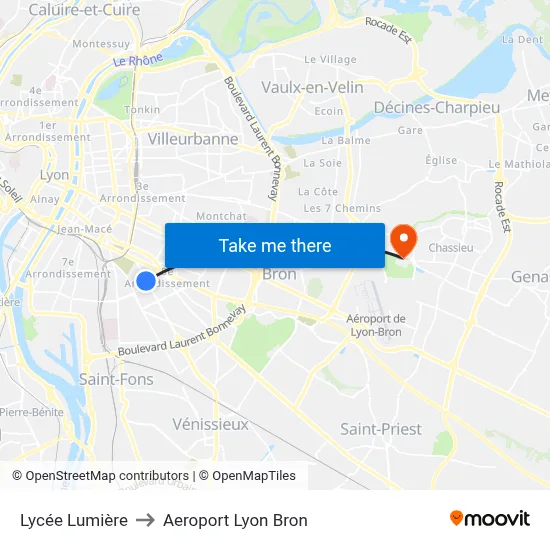 Lycée Lumière to Aeroport Lyon Bron map