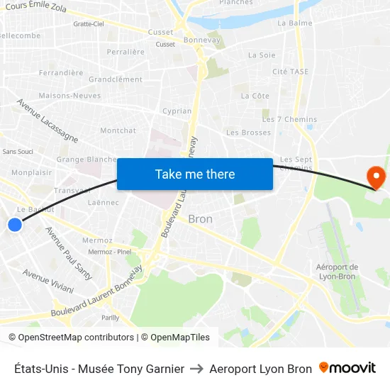 États-Unis - Musée Tony Garnier to Aeroport Lyon Bron map