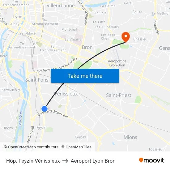 Hôp. Feyzin Vénissieux to Aeroport Lyon Bron map
