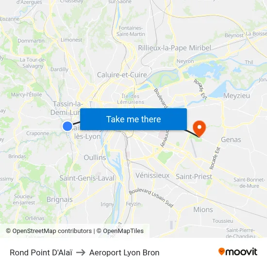 Rond Point D'Alaï to Aeroport Lyon Bron map