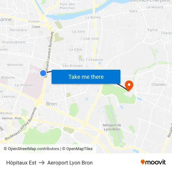 Hôpitaux Est to Aeroport Lyon Bron map