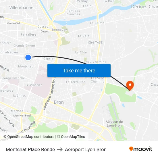 Montchat Place Ronde to Aeroport Lyon Bron map