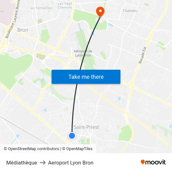 Médiathèque to Aeroport Lyon Bron map