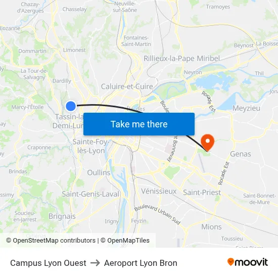 Campus Lyon Ouest to Aeroport Lyon Bron map